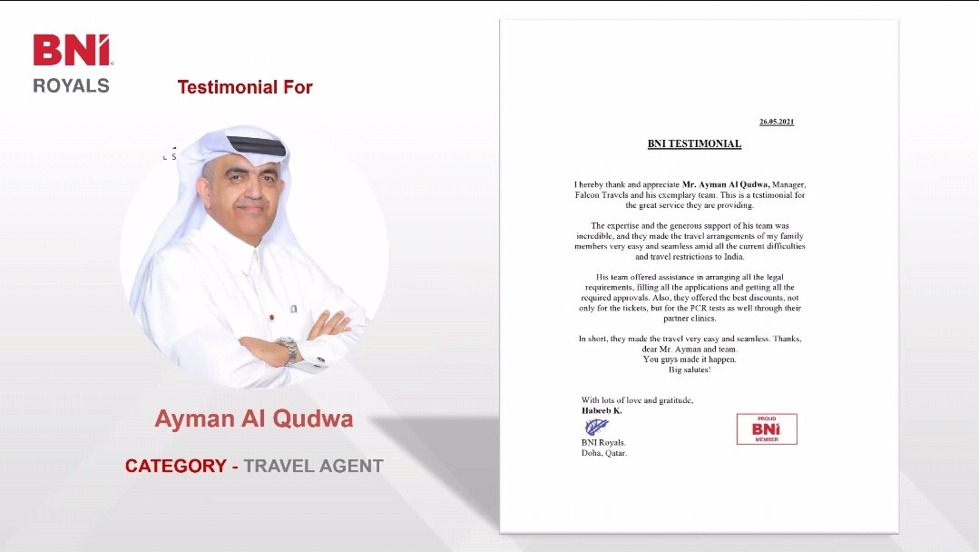 Testimonial About Falcon Travel from BNI Royals